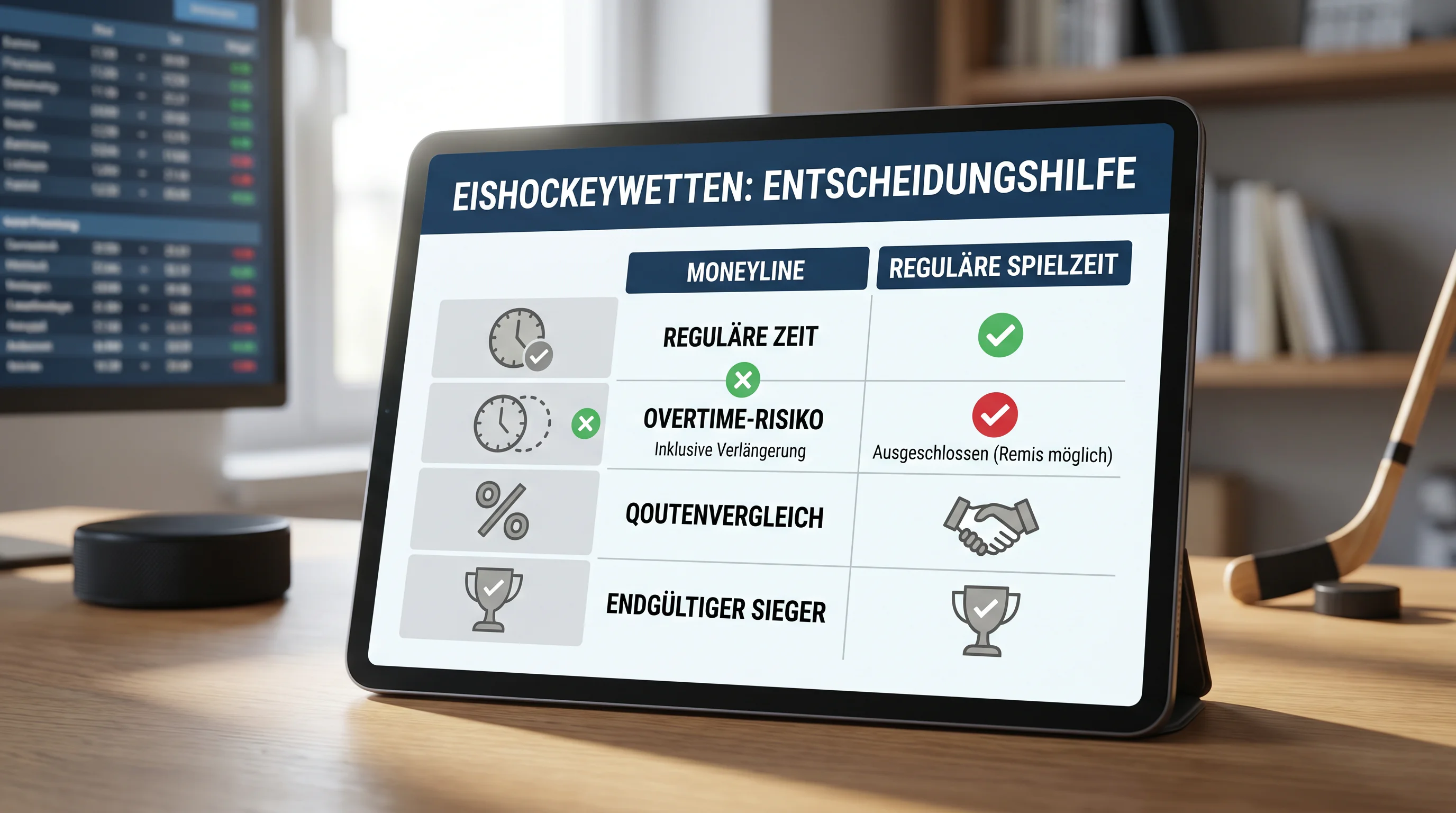 Entscheidungshilfe Moneyline oder 1X2 – visuelle Checkliste für Eishockey-Wetten vor dem Wettschein