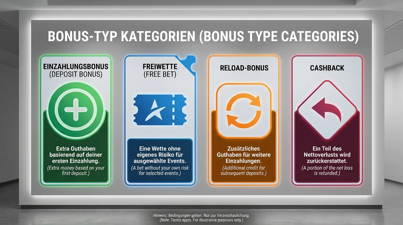 Übersicht aller Bonus-Typen bei Sportwetten-Anbietern: Willkommensbonus, Freiwette, Reload und Cashback