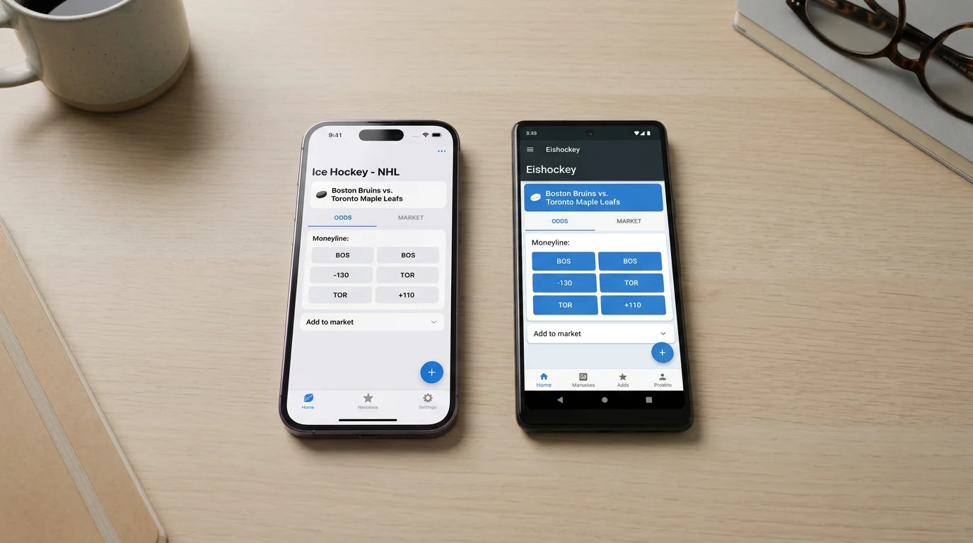 Vergleich von iOS- und Android-Wetten-Apps nebeneinander mit Eishockey-Quotenansicht