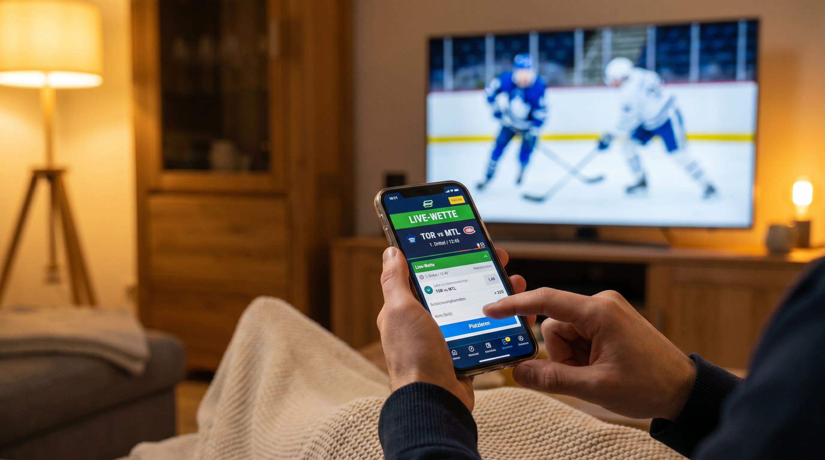 Nutzer platziert Eishockey-Sportwette per Smartphone während eines Live-NHL-Spiels