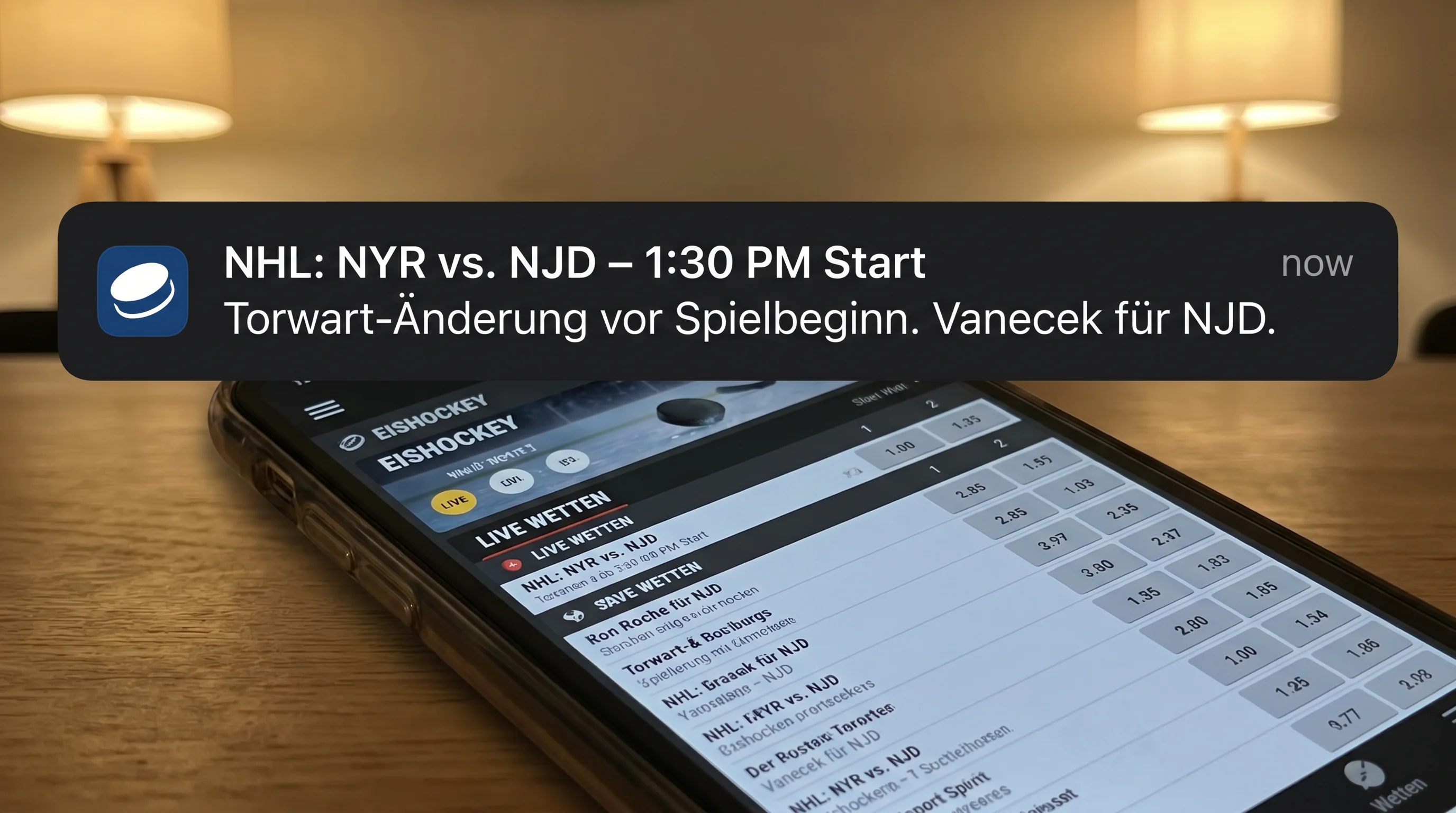 Smartphone-Bildschirm mit Push-Benachrichtigung über NHL-Spielbeginn und geänderte Torwart-Aufstellung