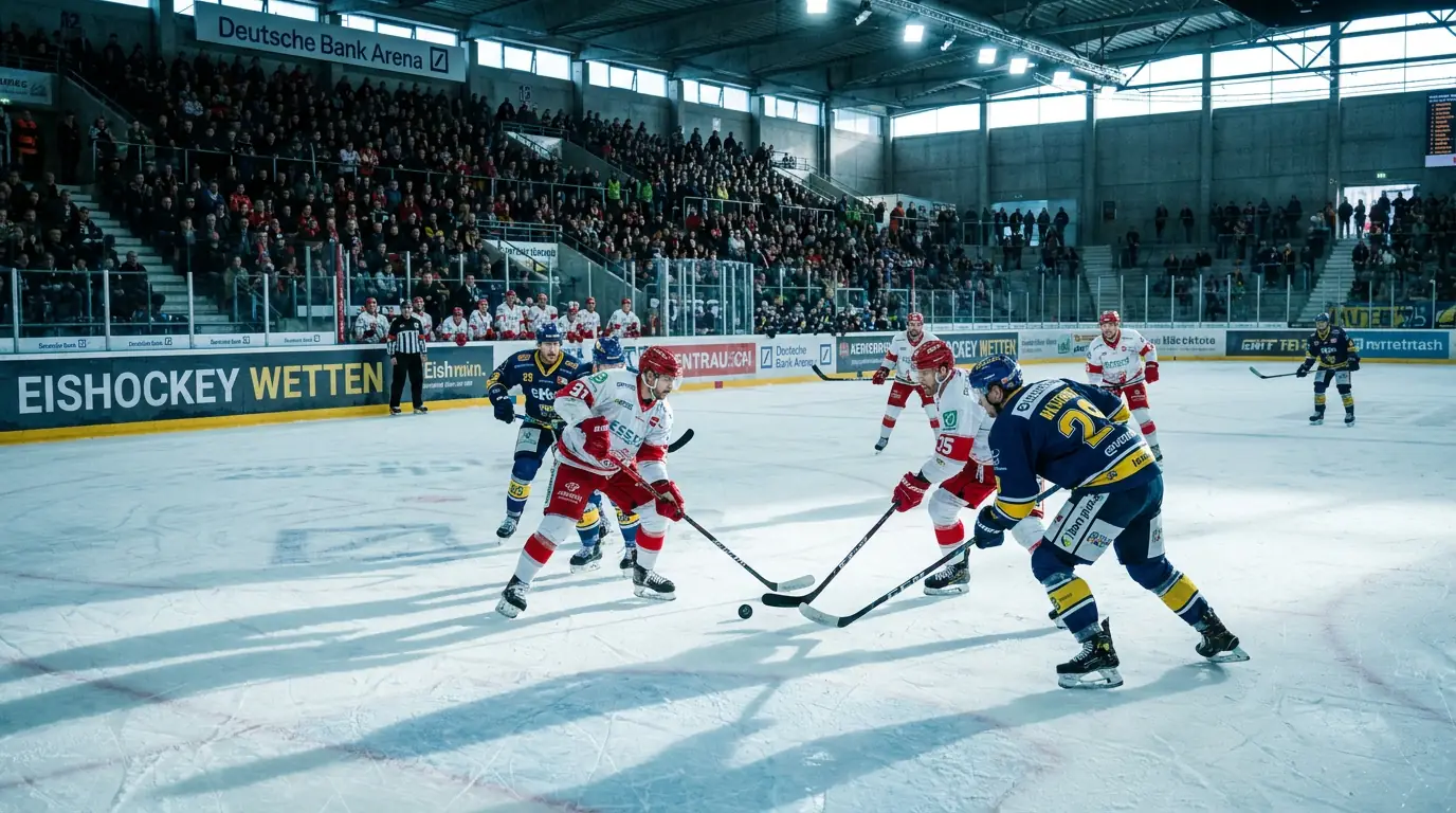 Eishockey-Wetten Einstieg: Zwei Mannschaften beim Bully in einer deutschen Eishalle, Spielatmosphäre