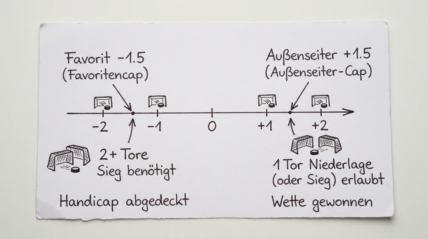 Visuelle Erklärung der Puck Line Wette mit Plus-1,5 und Minus-1,5 Tor Handicap bei Eishockey-Sportwetten