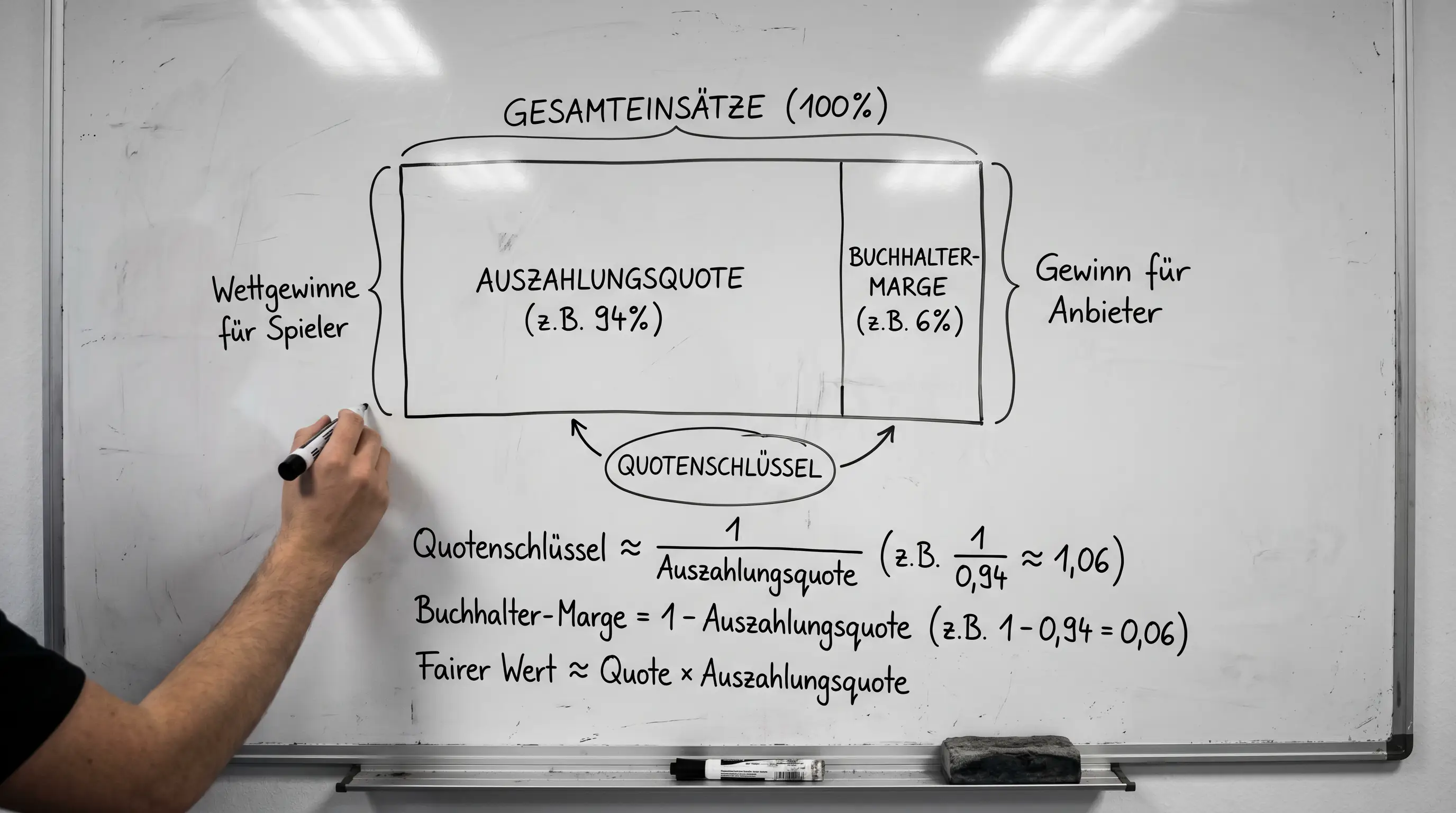 Erklärungsgrafik zu Quotenschlüssel, Auszahlungsquote und Buchhalter-Marge bei Eishockey-Wetten