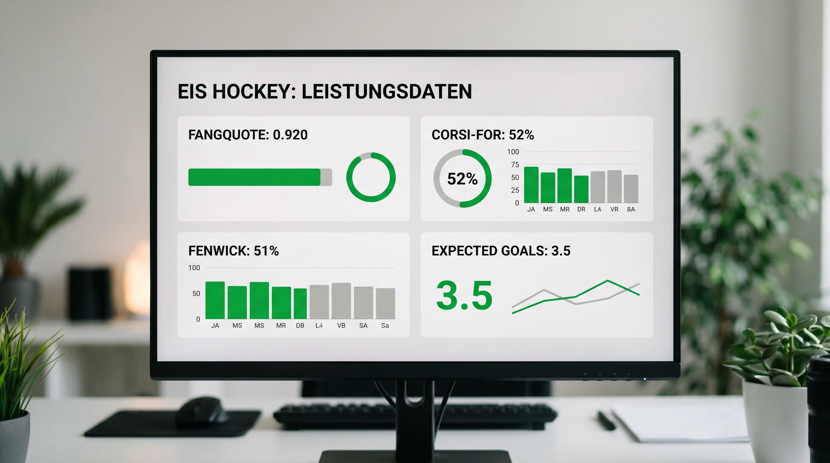 Statistik-Dashboard mit Eishockey-Kennzahlen Corsi, Fenwick, Fangquote und Expected Goals xG für Wetteranalyse
