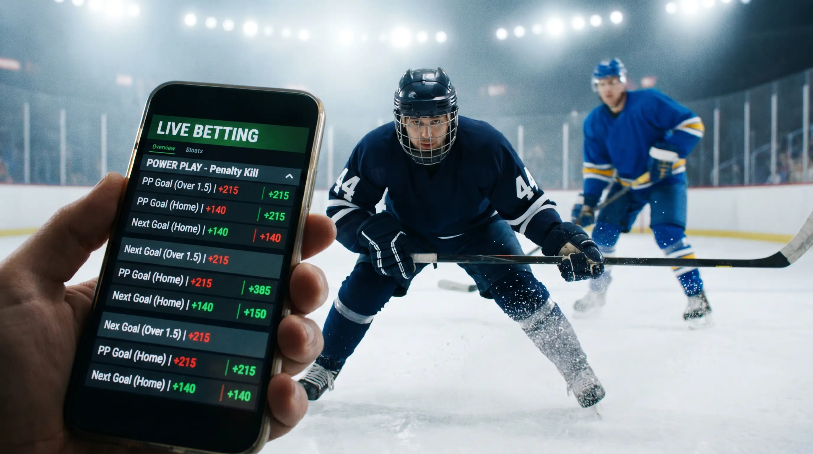Live-Wetten Eishockey Powerplay: Spieler in Unterzahl auf dem Eis, Live-Wetten-Interface mit aktuellen Quoten auf Smartphone