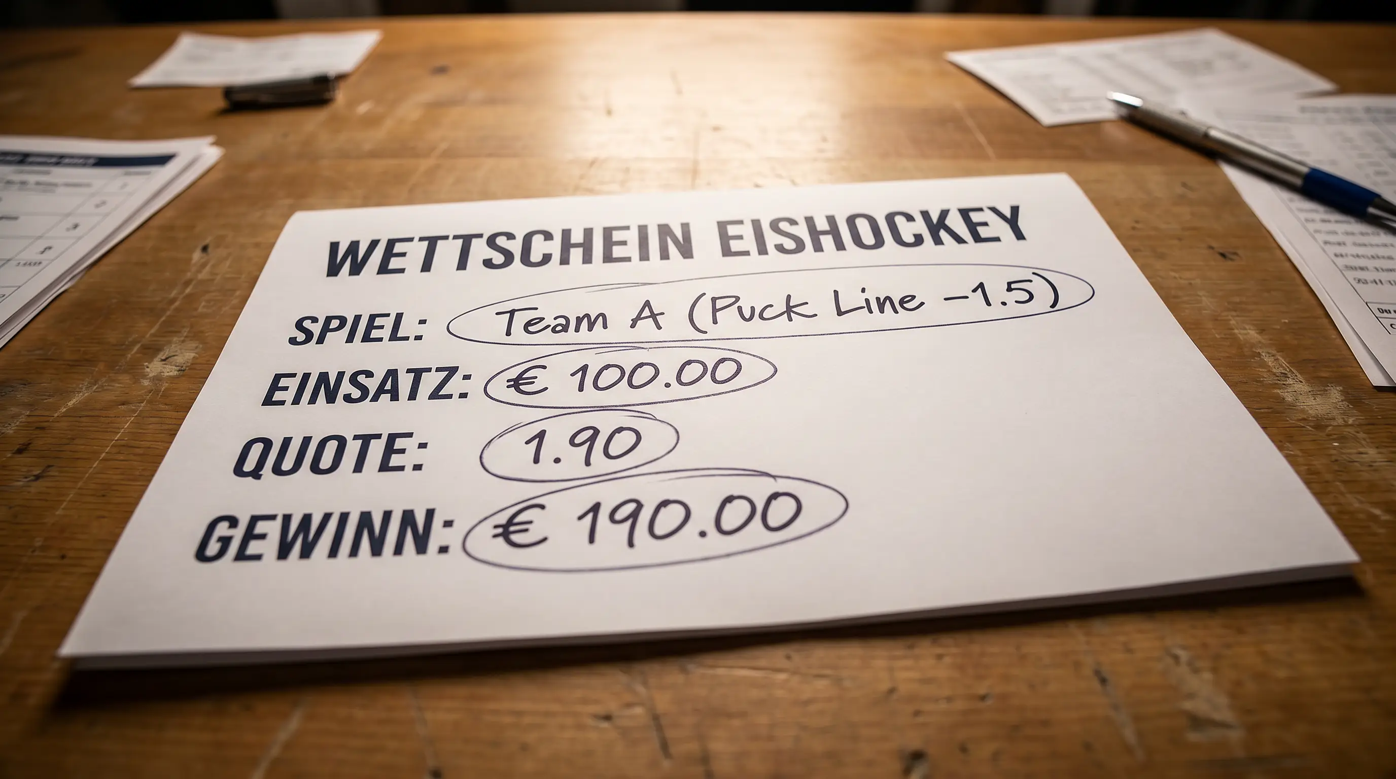 Berechnungsbeispiel für Puck Line Wette mit Einsatz und Auszahlung im Eishockey-Wettschein