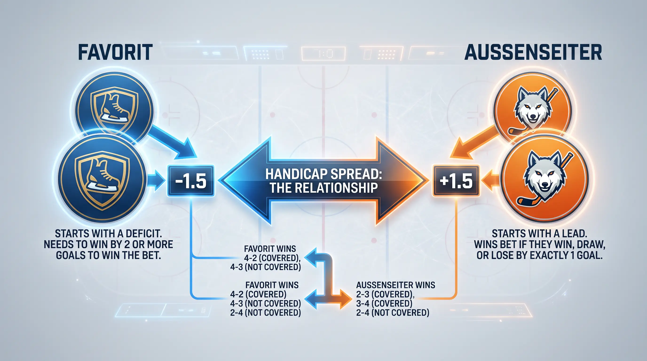 Grafik erklärt das Puck Line Handicap-Konzept mit Favorit und Außenseiter im Eishockey