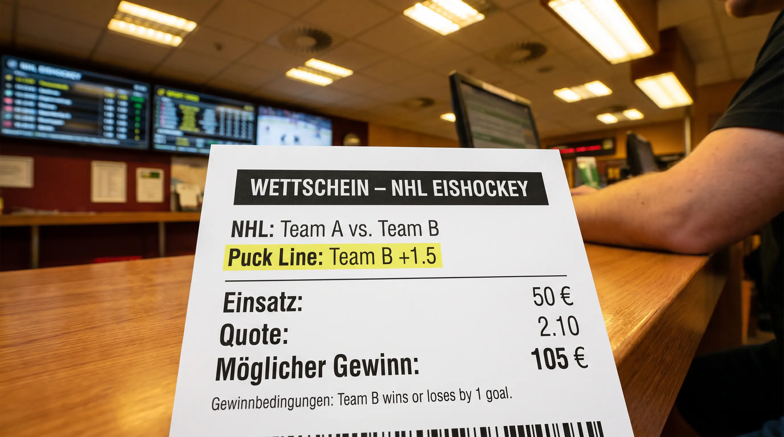 NHL Puck Line Wette Beispiel mit Außenseiter und Plus 1,5 Tore Handicap Berechnung