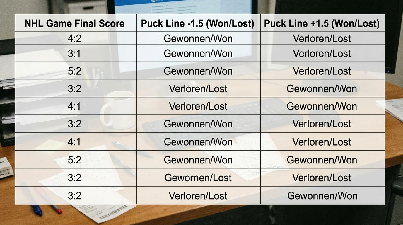 Tabelle zeigt verschiedene Spielergebnisse und deren Auswirkung auf Puck Line Wetten im Eishockey