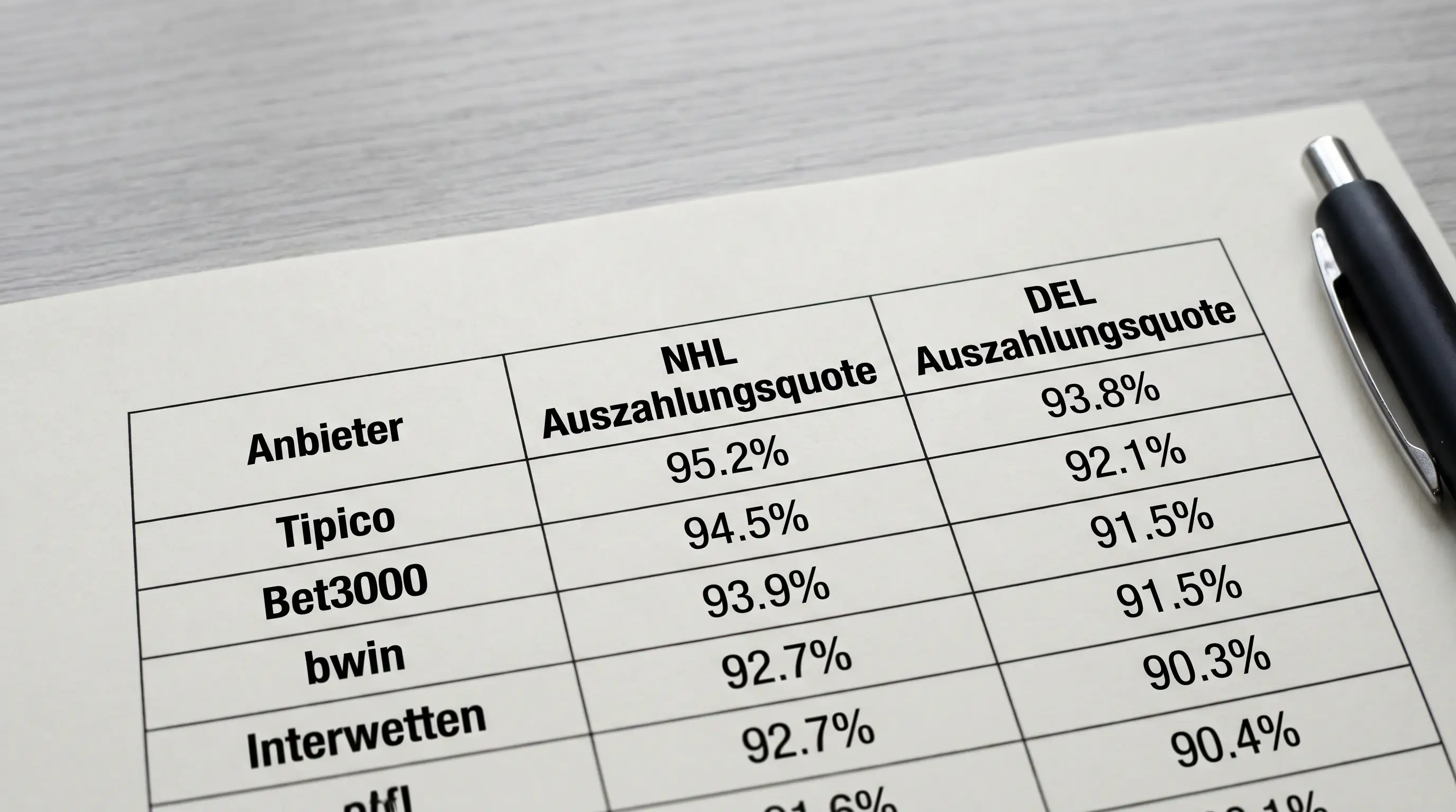 Tabelle mit Auszahlungsquoten verschiedener GGL-lizenzierter Anbieter für NHL und DEL Eishockey-Wetten