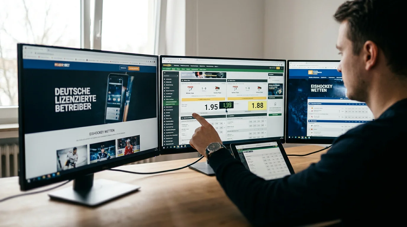 Sportler vergleicht NHL-Wettquoten mehrerer GGL-lizenzierter Anbieter auf verschiedenen Geräten