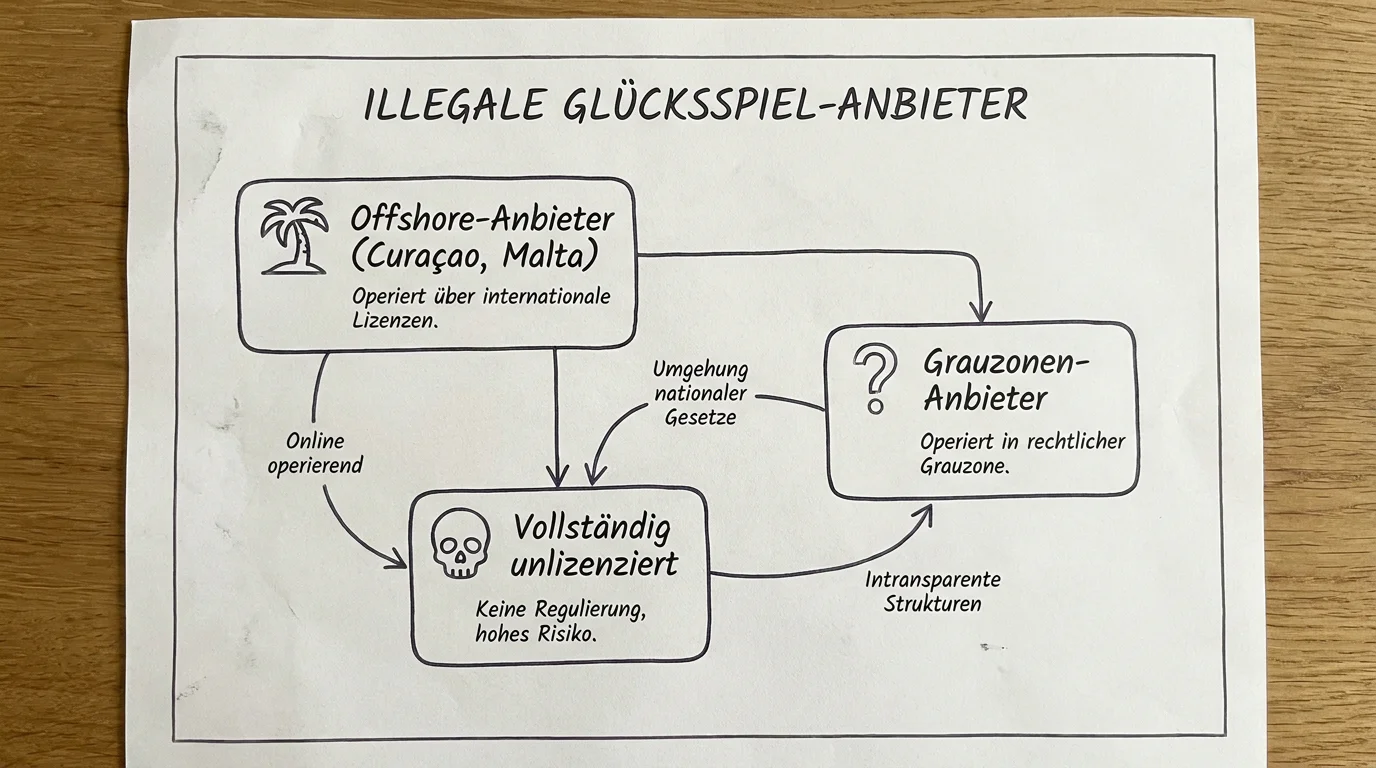 Schaubild verschiedener Typen illegaler Sportwetten-Anbieter von Offshore bis gefälschten Webseiten