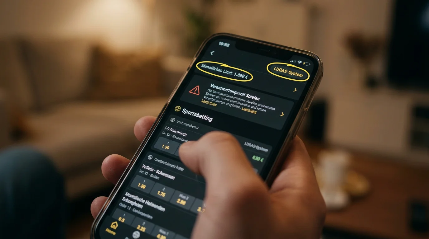 Verantwortungsvolles Spielen Eishockey-Wetten: Person schaut auf Sportwetten-App mit Einzahlungslimit und LUGAS-Anzeige